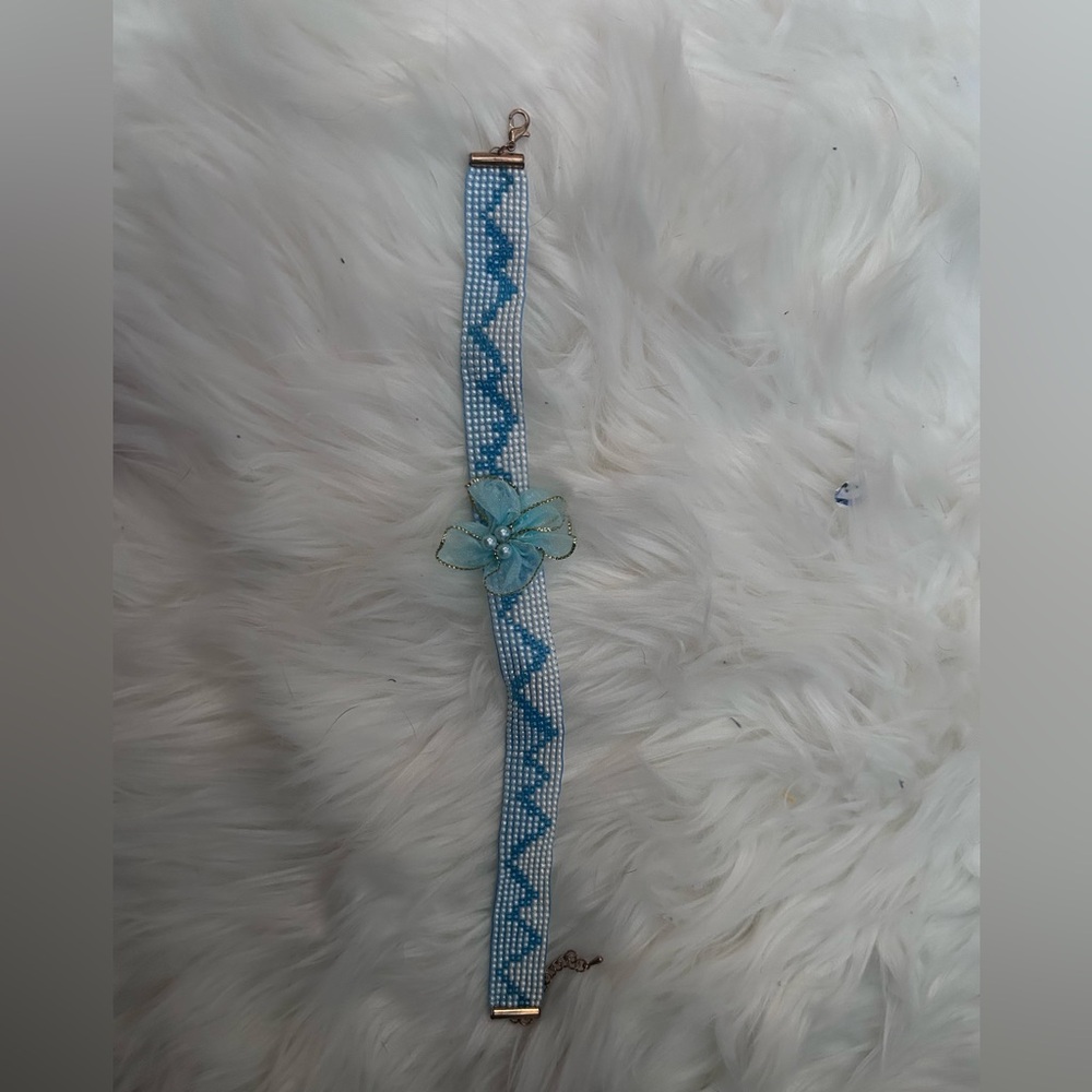 Elegant Handmade Blue Beaded Choker Necklace with Floral Accent
